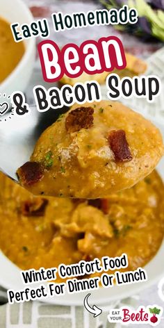 a spoonful of bean and bacon soup on a white plate with the text easy homemade bean and bacon soup