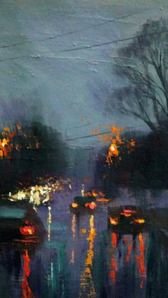 an oil painting of cars driving down the road at night in the rain with streetlights on