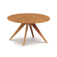 a round wooden table with three legs and a circular top, on an isolated white background