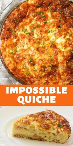 an image of a casserole with cheese on it and the words impossible quiche below