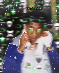 a digital painting of a man holding his hands to his face with green lights in the background