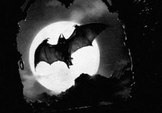 a black and white photo of a bat flying in front of a full moon