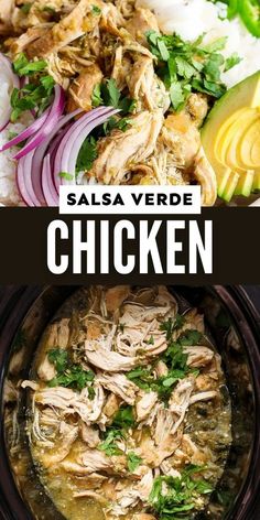 salsa verde chicken in a slow cooker with onions and cilantro