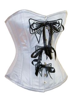 CQ- 331 Silver Satin with Black Satin-Tape-Bow Authentic Steel Boned Overbust Corset Time Clothes