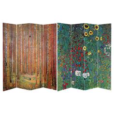 three panels with flowers and trees painted on the sides, each panel has an image of sunflowers