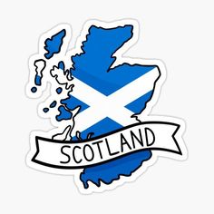 scotland sticker with the map and flag in blue, white and black on it