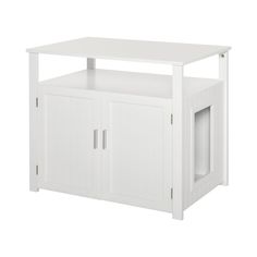 a white entertainment center with two doors and one shelf on the bottom, next to a red frame that says macy's