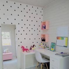 a white desk topped with a laptop computer next to a wall covered in black triangles