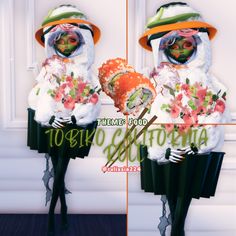 two women dressed in costumes with flowers on them