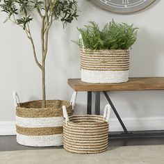 three baskets with plants in them sitting on the floor next to a table and clock