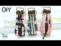 three zippered purses sitting next to each other on a window sill with the words key fob compurre written below them