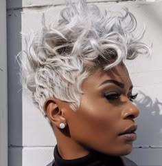 Gorgeous Short Hair, Platinum Silver Hair Black Woman, Icy Blonde Short Hair Black Women, Platinum Gray Hair On Black Women Wig, Gray And Blonde Hair, Wavy Pixie Hairstyles, Gray Hair Short, Short Blonde Fingerwaves Black Women, Pretty Gray Hair