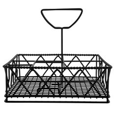 a black metal basket with a handle on the bottom and an object in the middle