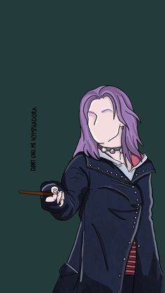 an anime character with purple hair holding a wand