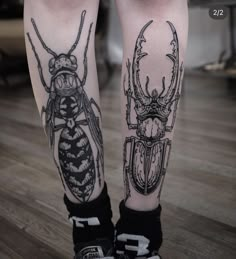 the legs are decorated with tattoos and bugs