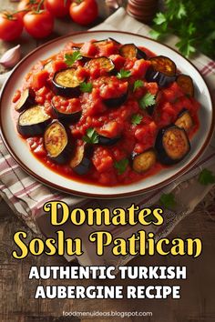 an image of a plate of food with tomatoes and eggplant