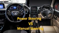 the interior of a car with steering wheel controls and dash lights, power steering versus manual steering