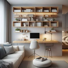 a living room filled with furniture and bookshelves