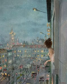 a painting of a woman standing on a balcony looking out at the city lights and traffic