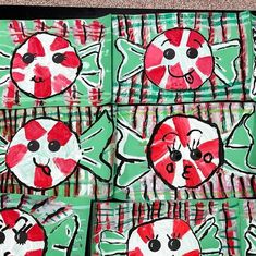 four pieces of paper with red and green designs on them, each depicting a ladybug