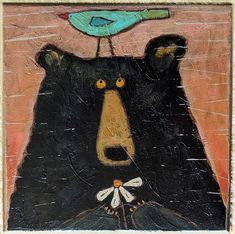 a painting of a bear with a bird on its head