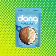 a bag of dang coconut chips on a green and blue background with halftone dots