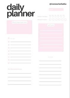 the daily planner is shown with pink and black text on it, which reads daily planner