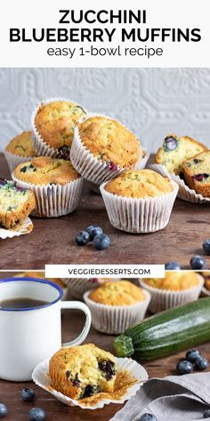 blueberry muffins are sitting on a wooden table next to a cup of coffee