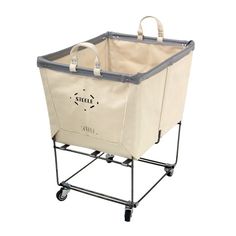 a cart with a large bag on it's side and wheels attached to the back