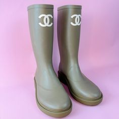 Brand New And Comes With Full Set. Check @Saint.Galentine On Ig Chanel Rain Boots, Dark Beige Color, Calf High Boots, Navy Chanel, Shoes Chanel, Chanel Camellia, Boots Beige, Black Rain Boots, Chanel 2