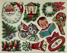 an old fashioned christmas sticker sheet with various items