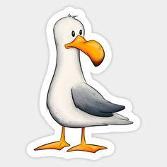 a white and gray bird with an orange beak sticker on it's side