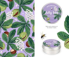 a jar of jelly bee with leaves and flowers on the side, next to a tin of jelly bees