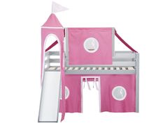 a bunk bed with a pink tent and white curtains on the top, next to drawers