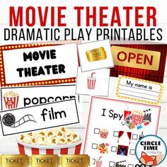 Fun movie theater dramatic play printables and activities for preschool, prek, and kindergarten! Fun props for your theater set-up with related activities that your little ones will love. You receive:26 Page PDFVariety of full color, themed signs, props, and activitiesBlack line printablesIncluded in this pack:Curtains - open and closedMarquee labels (4)Open/Closed foldable tent signName tagsDollar billsTicketsSigns for tickets, popcorn, soda, and candyPretend play props (5 pgs)Word cardsPicture Dramatic Play Movie Theater, Movie Theater Dramatic Play, Theater Dramatic Play, Pretend Play Printables, Play Printables, Dramatic Play Themes, Dramatic Play Printables, Spy Film, Play Props