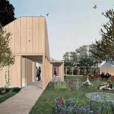 an artist's rendering of a wooden building with people sitting on the grass in front of it