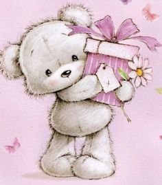 a white teddy bear holding a pink box with a flower on it's side