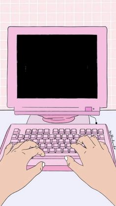 a person typing on a pink laptop computer with their hands resting on the keyboard and mouse