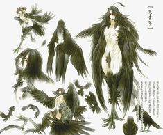 an anime character with black wings and demon like hair, standing next to other characters