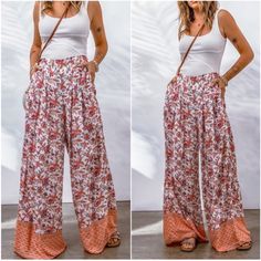 Boho Floral Print Pocket Wide Leg Palazzo Pants S M L Xl, 100% Viscose, Ships In 7-8 Days Bohemian Relaxed Fit Printed Pants, Wide Leg Boho Print Pants For Vacation, Casual Boho Print Pants, Bohemian Wide Leg Pants With Pockets, Bohemian High-waisted Wide Leg Pants With Pockets, Bohemian High-waisted Floral Print Pants, Summer Floral Print Pink Wide Leg Pants, Bohemian High-waisted Wide Leg Pants With Floral Print, White Bohemian Pants With Pockets