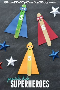 popsicle stick superheros made out of construction paper and cut to look like stars