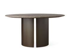 a round table with two metal pedestals and a marble top on an isolated white background