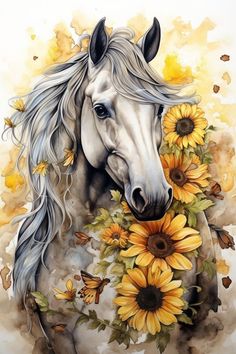 a painting of a white horse with sunflowers in its mouth and the mane