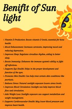 Sunlight is essential for our health and well-being, offering a range of benefits that extend beyond just vitamin D production. Exposure to sunlight helps regulate our circadian rhythms, improving sleep patterns and mood. It also supports the immune system, enhances skin health, and can even help manage conditions like seasonal affective disorder (SAD). Just 15-30 minutes of sunlight daily can make a significant difference, promoting overall physical and mental health. However, it's important to balance sun exposure with skin protection to avoid harmful effects. Embrace the power of sunlight for a healthier, happier life. Sunlight Benefits Health, Importance Of Sunlight, Vitamin D Benefits, Hobbies Ideas, Improving Sleep, Increase Serotonin, Seasonal Affective, Happier Life