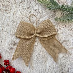 a christmas ornament with a bow on top of it next to some berries