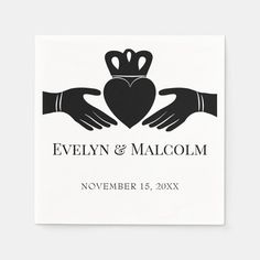 two hands holding a heart with the words evelyn and malcolm on it in black ink