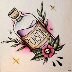 a drawing of a bottle with flowers and stars around it that says boogy on the front