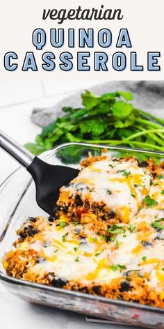 vegetarian quinoa casserole with cheese and black olives in a glass dish