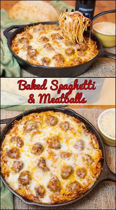 two pictures of baked spaghetti and meatballs in a skillet, one is being eaten