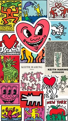 a collage of colorful images with hearts and monsters